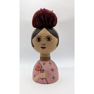 Hat Pin Cushion Display German Russian ?Hand Painted Wood Kokeshi Doll Vintage